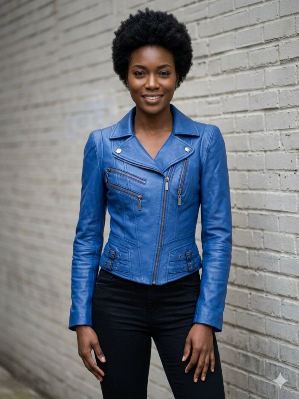 VINTAGE Bebe Sapphire Blue Leather Asymmetrical Moto Jacket - Size Small